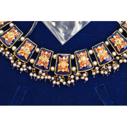 254 - AN ASIAN YELLOW METAL ENAMEL PASTE AND IMITATION PEARL FRINGE NECKLACE, designed as a series of thir... 