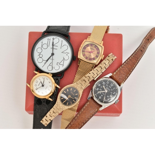 255 - A SELECTION OF FIVE SEKONDA WRISTWATCHES, to include a Military style wristwatch with black dial and... 