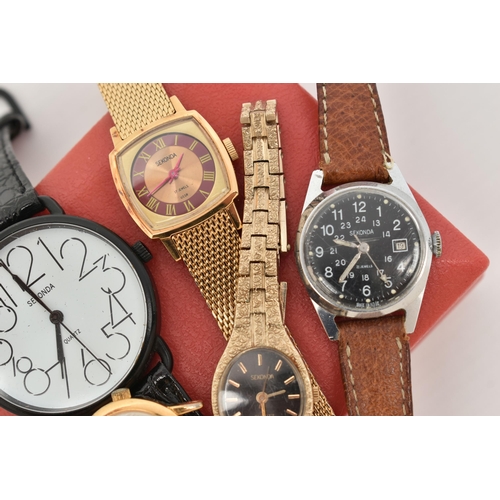 255 - A SELECTION OF FIVE SEKONDA WRISTWATCHES, to include a Military style wristwatch with black dial and... 