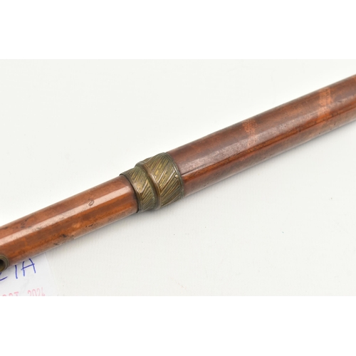 1227A - A REGENCY BAMBOO WALKING CANE, with tooled gilt brass handle and mount, the shaft decorated with a s... 