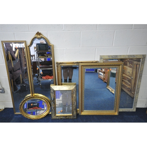 1210 - TEN VARIOUS GILT FRAME WALL MIRRORS, varying in shape, size, style, etc, along with a wall clock (co... 