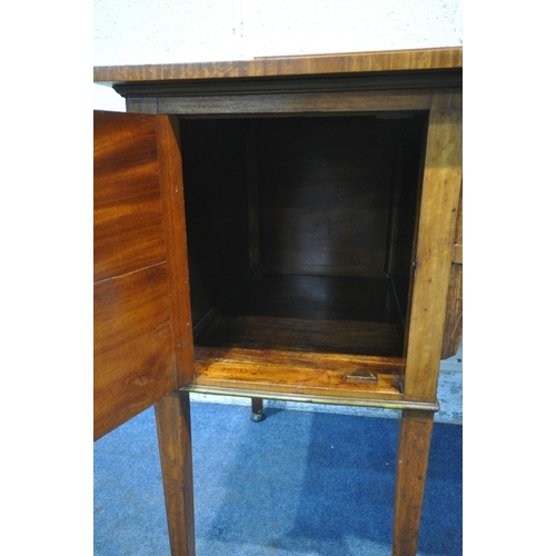 1228 - AN EDWARDIAN SATINWOOD BOWFRONT SIDEBOARD, with a raised back, fitted with two cupboard doors, flank... 