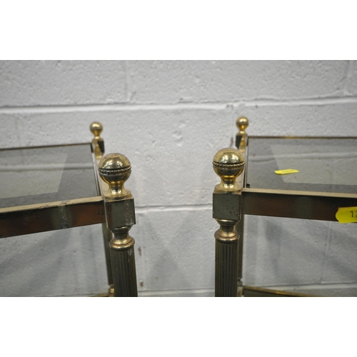 1229 - A PAIR OF FRENCH BRASS THREE TIER ETAGERE, with ball finials, Corinthian pillar style supports, each... 