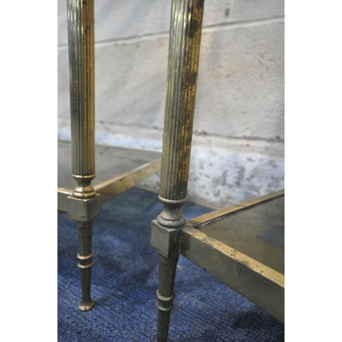 1229 - A PAIR OF FRENCH BRASS THREE TIER ETAGERE, with ball finials, Corinthian pillar style supports, each... 