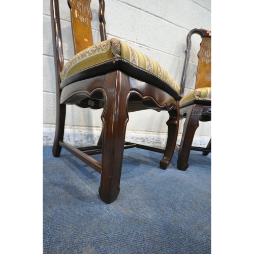 1230 - A PAIR OF ORIENTAL HARDWOOD CHAIRS, with a shaped backrest, central splat, gold stripped upholstery,... 