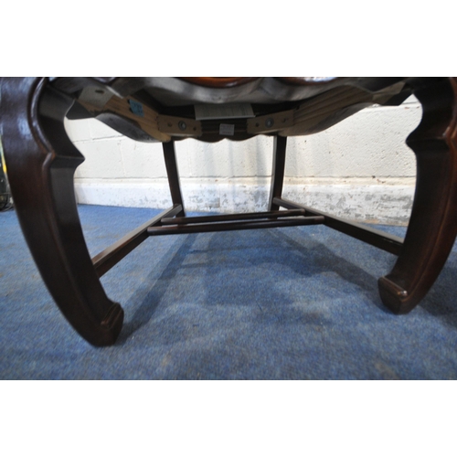 1230 - A PAIR OF ORIENTAL HARDWOOD CHAIRS, with a shaped backrest, central splat, gold stripped upholstery,... 