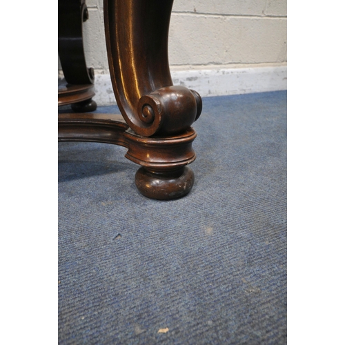 1231 - A 20TH CENTURY BURR WALNUT TABLE, with rounded ends, raised on four scrolled legs, with bun feet, un... 