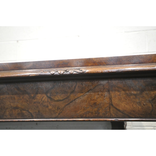 1231 - A 20TH CENTURY BURR WALNUT TABLE, with rounded ends, raised on four scrolled legs, with bun feet, un... 