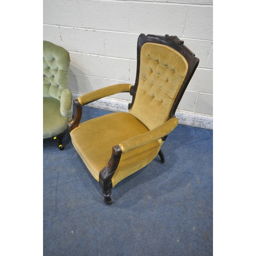 1232 - A LATE VICTORIAN MAHOGANY ARMCHAIR, with button back, open armrests, raised on tapered and fluted fr... 