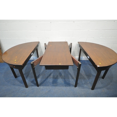 1233 - A GEORGIAN MAHOGANY THREE SECTION OVAL TABLE, comprising a pair of D end tables, and a central recta... 