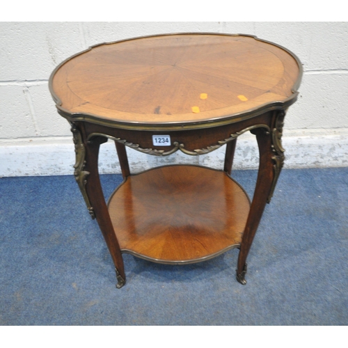 1234 - A LATE 19TH / EARLY 20TH CENTURY FRENCH CIRCULAR LAMP TABLE, the top and undershelf with fan shaped ... 