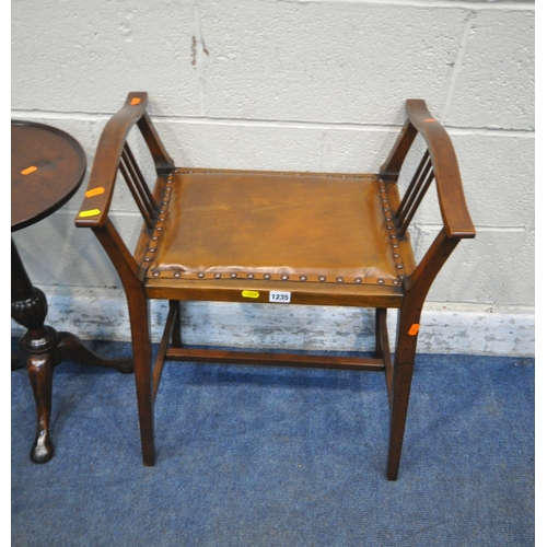 1235 - A 20TH CENTURY MAHOGANY STOOL, with tanned leather seat, raised on square tapered legs, united by st... 