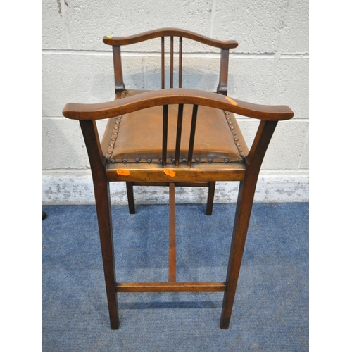 1235 - A 20TH CENTURY MAHOGANY STOOL, with tanned leather seat, raised on square tapered legs, united by st... 