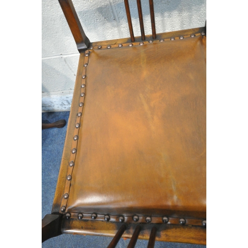 1235 - A 20TH CENTURY MAHOGANY STOOL, with tanned leather seat, raised on square tapered legs, united by st... 