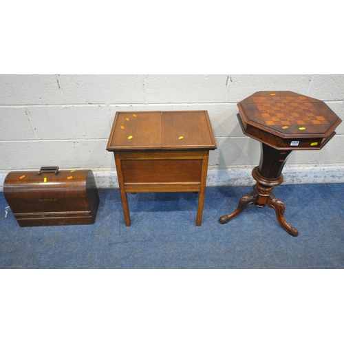 1237 - AN OCTAGONAL WALNUT WORK TABLE, the hinged lid with a chess board to the top, enclosing a fitted int... 