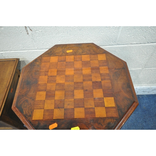 1237 - AN OCTAGONAL WALNUT WORK TABLE, the hinged lid with a chess board to the top, enclosing a fitted int... 