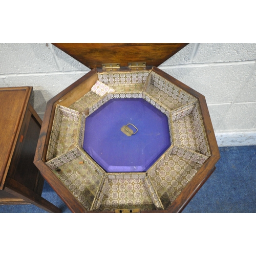 1237 - AN OCTAGONAL WALNUT WORK TABLE, the hinged lid with a chess board to the top, enclosing a fitted int... 