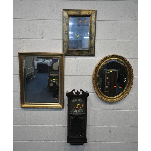 1210 - TEN VARIOUS GILT FRAME WALL MIRRORS, varying in shape, size, style, etc, along with a wall clock (co... 