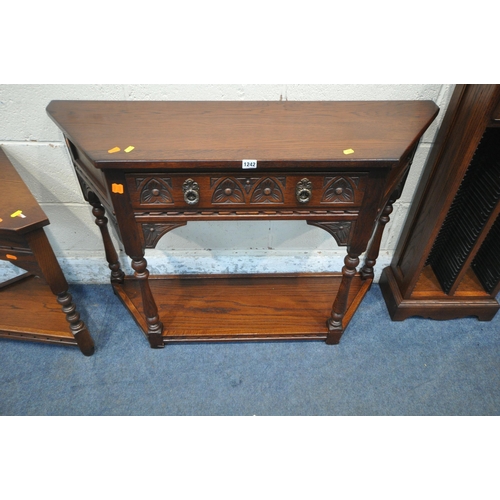 1242 - THREE PIECES OF OLD CHARM OAK OACCASIONAL FURNITURE, to include a canted side table, with a single d... 