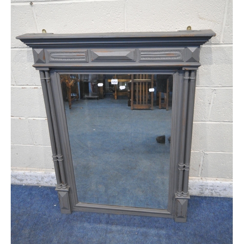 1253 - A GREY PAINTED BEVELED EDGE OVER MANTEL MIRROR, 92cm x 117cm (condition report: wear to paint)