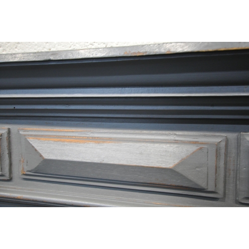 1253 - A GREY PAINTED BEVELED EDGE OVER MANTEL MIRROR, 92cm x 117cm (condition report: wear to paint)