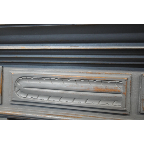 1253 - A GREY PAINTED BEVELED EDGE OVER MANTEL MIRROR, 92cm x 117cm (condition report: wear to paint)