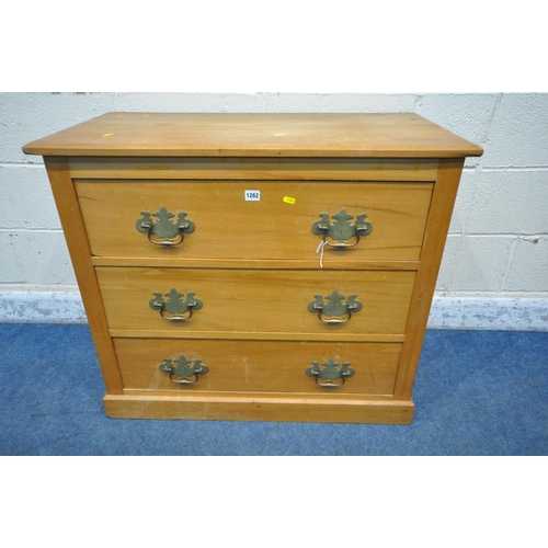 1262 - AN EARLY 20TH CENTURY CHEST OF THREE LONG DRAWERS, width 92cm x depth 46cm x height 80cm, along with... 