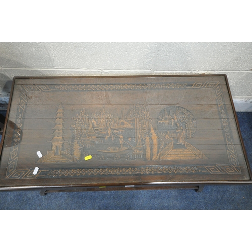 1264 - A HARDWOOD ORIENTAL RECTANGULAR COFFEE TABLE, with various carved details, width 91cm x depth 46cm x... 