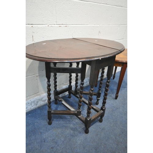 1282 - A 20TH CENTURY OAK BARLEY TWIST GATE LEG TABLE, open width 92cm x depth 61cm x height 73cm, along wi... 