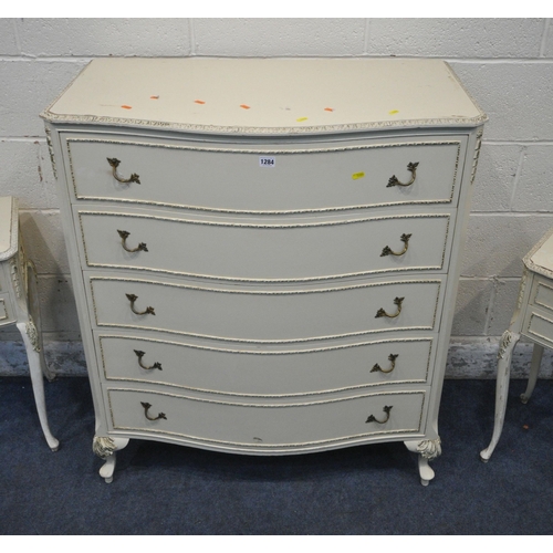 1284 - A CREAM SERPENTINE CHEST OF FIVE LONG DRAWERS, width 92cm x depth 49cm x height 109cm, a kidney dres... 