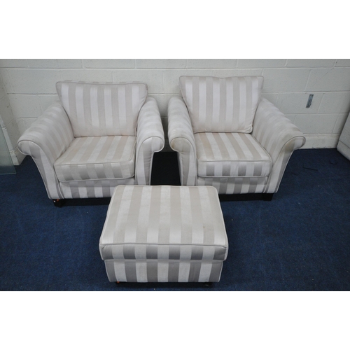 1285 - A PAIR OF STRIPED CREAM UPHOLSTERED ARMCHAIRS, on block feet, width 99cm x depth 92cm x height 82cm,... 