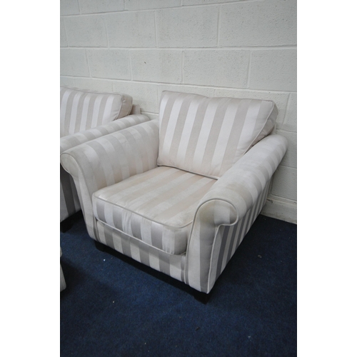 1285 - A PAIR OF STRIPED CREAM UPHOLSTERED ARMCHAIRS, on block feet, width 99cm x depth 92cm x height 82cm,... 