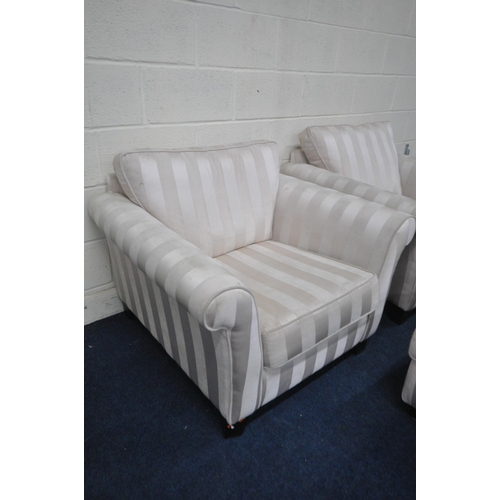 1285 - A PAIR OF STRIPED CREAM UPHOLSTERED ARMCHAIRS, on block feet, width 99cm x depth 92cm x height 82cm,... 