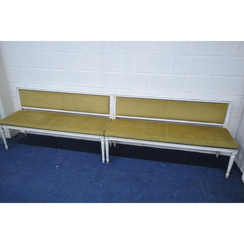 1288 - A PAIR OF PAINTED LOUIS XVI STYLE BENCHES, length 150cm x depth 49cm x height 81cm (condition report... 