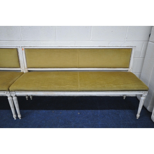 1288 - A PAIR OF PAINTED LOUIS XVI STYLE BENCHES, length 150cm x depth 49cm x height 81cm (condition report... 