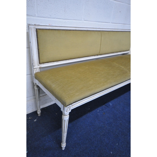 1288 - A PAIR OF PAINTED LOUIS XVI STYLE BENCHES, length 150cm x depth 49cm x height 81cm (condition report... 