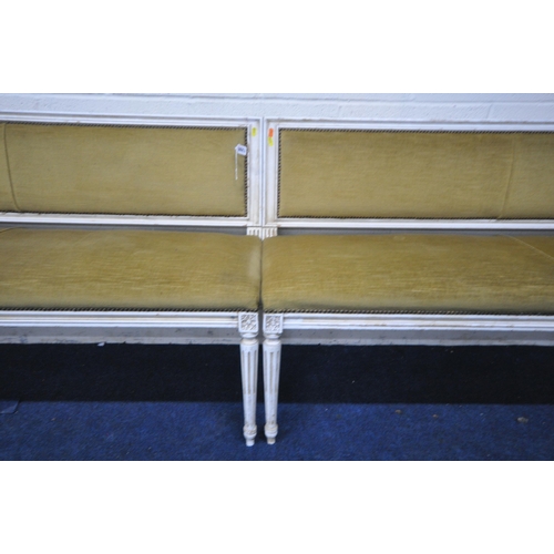 1288 - A PAIR OF PAINTED LOUIS XVI STYLE BENCHES, length 150cm x depth 49cm x height 81cm (condition report... 