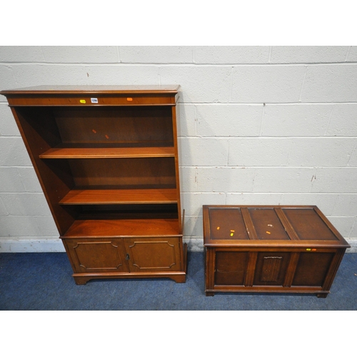 1290 - A YEWWOOD OPEN BOOKCASE, with double cupboard doors, width 86cm x depth 33cm x height 142cm, a five ... 