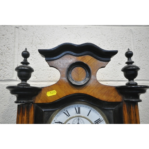 1293 - A VICTORIAN STYLE WALNUT VIENNA WALL CLOCK, the glass door enclosing a 7 inch brass and enamel dial,... 