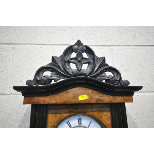 1293 - A VICTORIAN STYLE WALNUT VIENNA WALL CLOCK, the glass door enclosing a 7 inch brass and enamel dial,... 