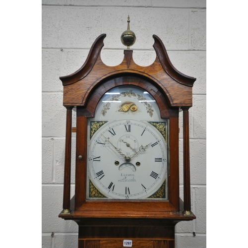 1297 - A GEORGIAN OAK CASED EIGHT DAY LONGCASE CLOCK, with scrolled pediment, flanking a brass finial, the ... 