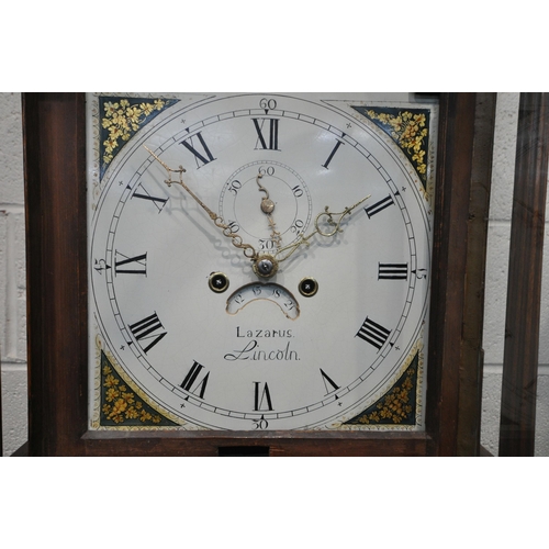 1297 - A GEORGIAN OAK CASED EIGHT DAY LONGCASE CLOCK, with scrolled pediment, flanking a brass finial, the ... 