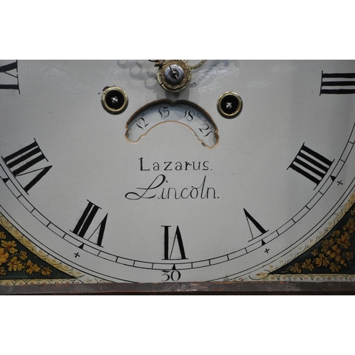 1297 - A GEORGIAN OAK CASED EIGHT DAY LONGCASE CLOCK, with scrolled pediment, flanking a brass finial, the ... 