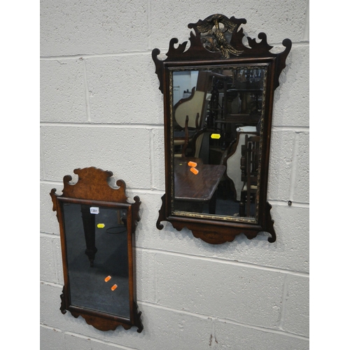 1301 - TWO REGENCY STYLE FRETWORK WALL MIRRORS, one with bird carving to the top, largest 40cm x 69cm (cond... 