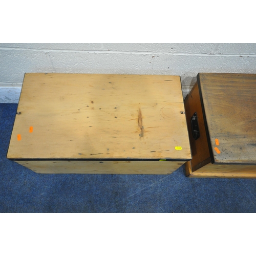 1305 - TWO PINE LIDDED STORAGE CHESTS, with metal handles, the smaller chest with a smaller internal storag... 