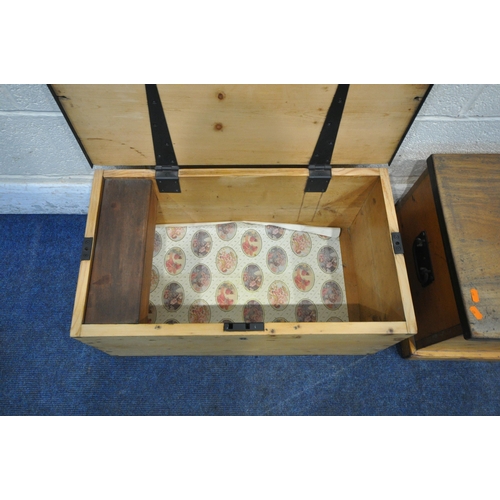 1305 - TWO PINE LIDDED STORAGE CHESTS, with metal handles, the smaller chest with a smaller internal storag... 