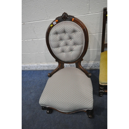 1314 - A VICTORIAN MAHOGANY SPOON BACK CHAIR, with buttoned back rest, scrolled details, raised on shaped l... 