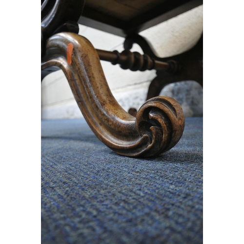 1315 - A REGENCY WALNUT X FRAME STOOL, with beige and patterned upholstery, the frame with scrolled details... 