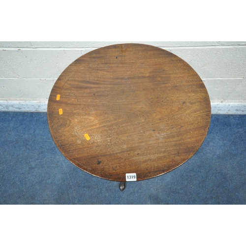 1319 - A GEORGIAN MAHOGANY TILT TOP TRIPOD TABLE, with a bird cage mechanism, raised on a turned support, a... 