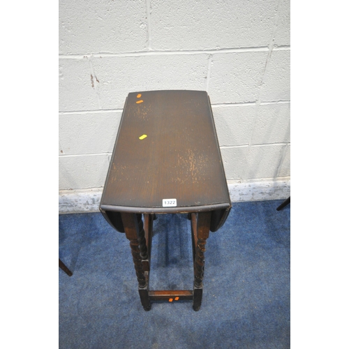 1322 - A 20TH CENTURY OAK BARLEY TWIST GATE LEG TABLE, open width 93cm x closed width 32cm x depth 62cm x h... 